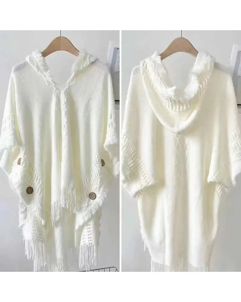 Hooded Crochet Cloak Poncho Shawl Boho Chic Knit Wrap For Women