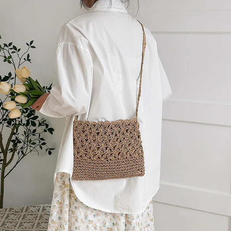 Women Beach Woven Straw Shoulder Messenger Bag Boho Crossbody Macrame Purse