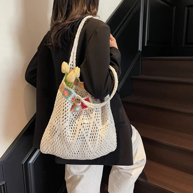 Bohemian Handmade Beach Tote Bag Beads Trim Straw Crochet Women Shoulder Bag
