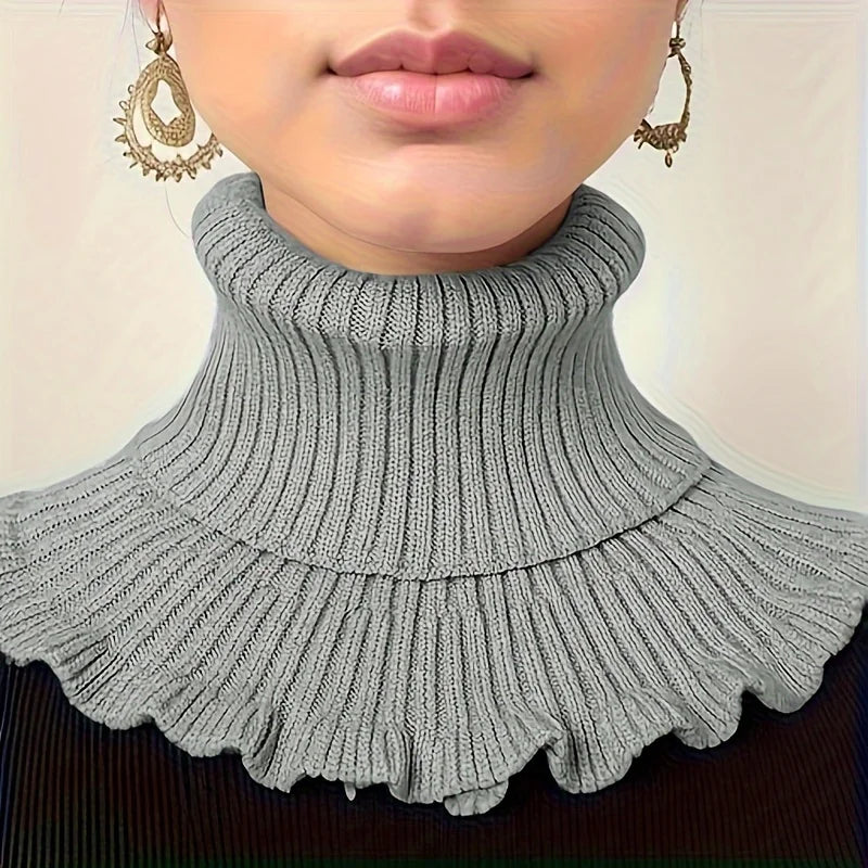 Black And White Knitted False Neck Scarf With Ruffle Edge Unisex