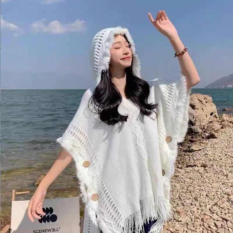 Cape à capuche au crochet, poncho, châle, tricot bohème chic pour femme