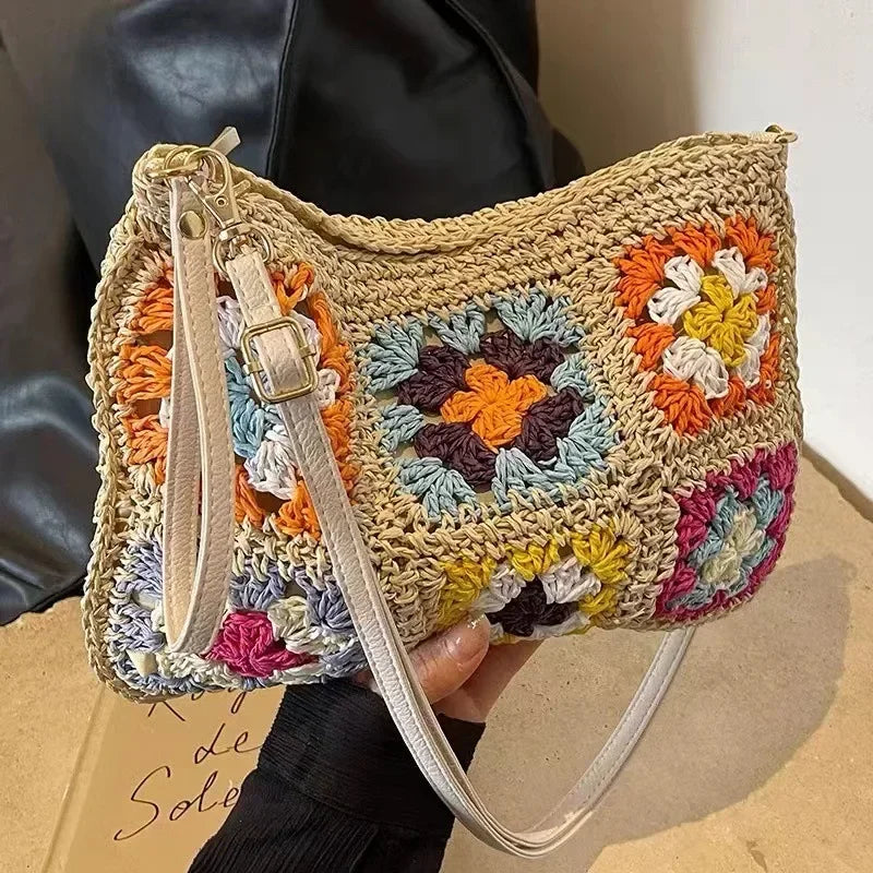 Summer Handmade Crochet Bag Retro Flower Paper Rope Crossbody Shoulder Bag