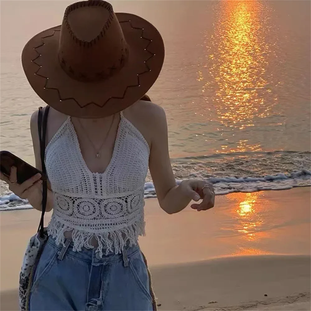 Sexy Hollow Out Tank Top For Women Summer Beach Knit Bra Tassel Short Top