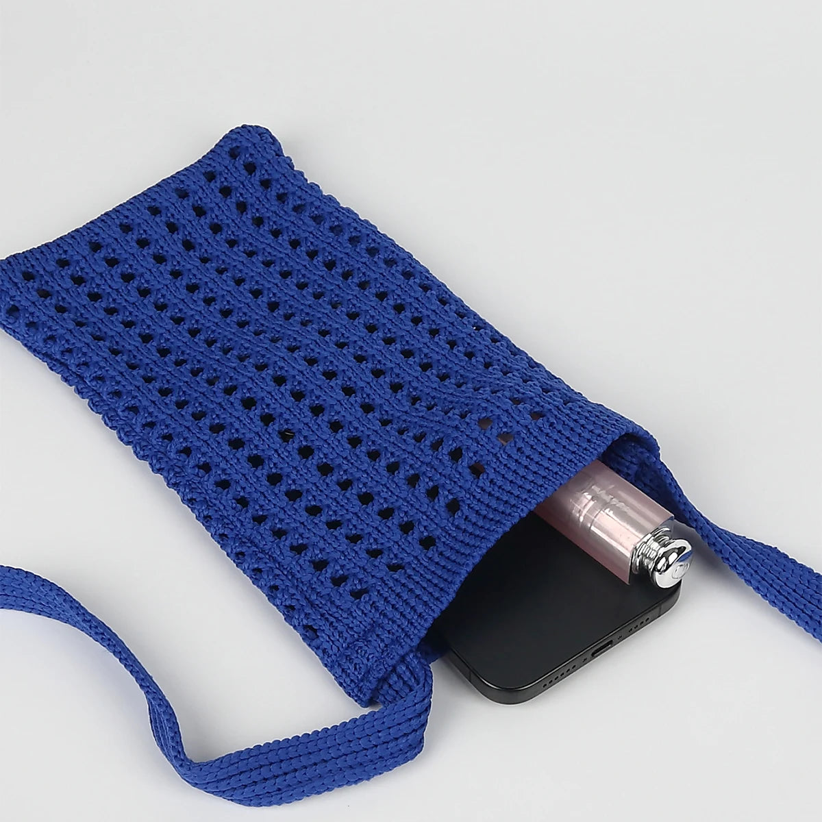 Sac de téléphone pliable en tricot respirant avec découpes, pour femme, porté en bandoulière diagonale
