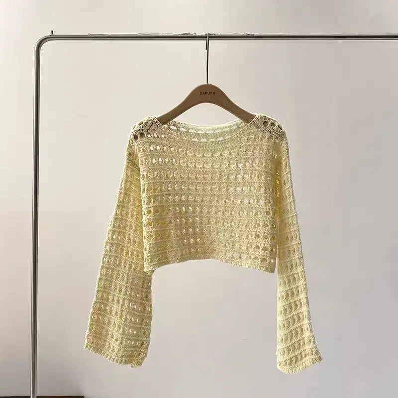 Boho Crochet Knit Long Sleeve Beach Cover Up For Women Vacation Top