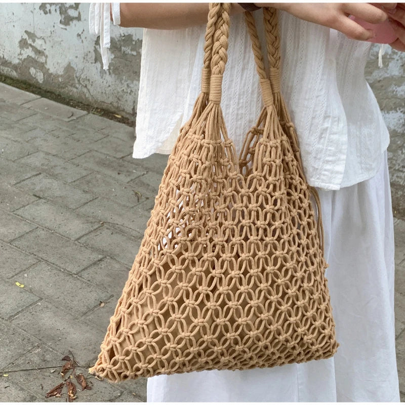 Hollow Crochet Mesh Shoulder Bag With Inner Pocket Women Solid Color Tote Bag