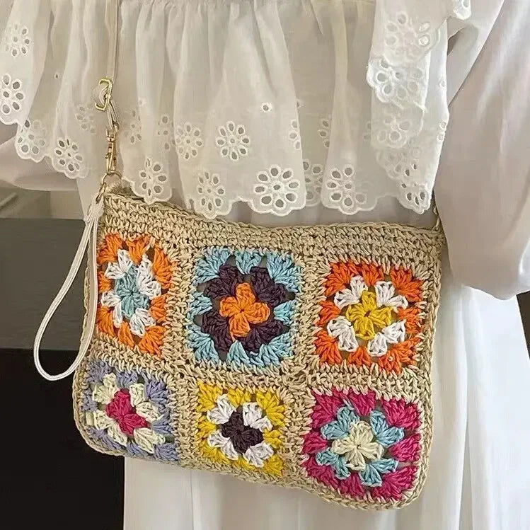 Summer Handmade Crochet Bag Retro Flower Paper Rope Crossbody Shoulder Bag