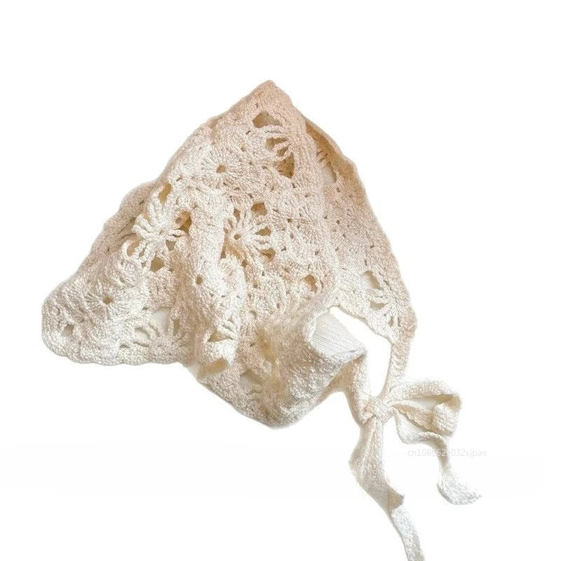 Unisex Floral Knitted Headscarf Hat Handmade Triangle Vintage Crochet Headband