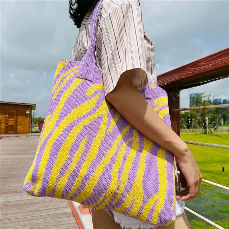 Zebra Pattern Knitted Crochet Bag Large Capacity Women Shoulder Tote
