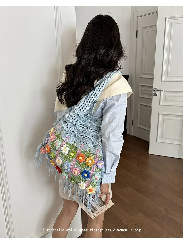Women's Large Crochet Shoulder Tote Bag For Casual Daily Use School Commute