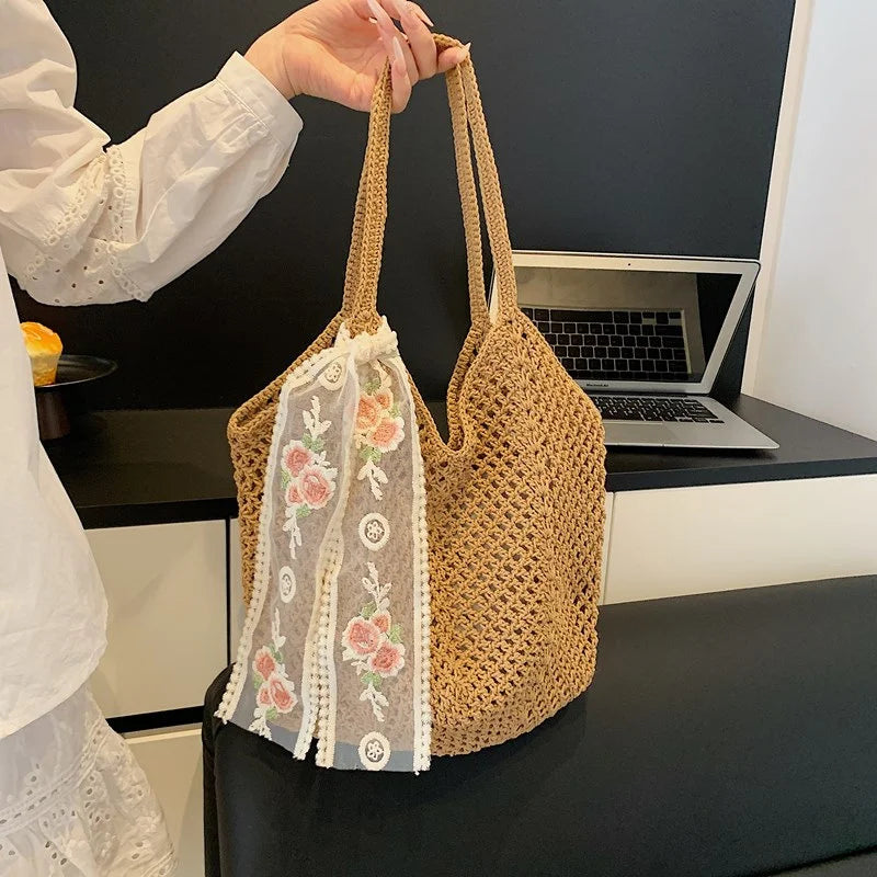 Summer Lace Bow Tote Bag For Women Raffia Rattan Crochet Shoulder Bag 2025