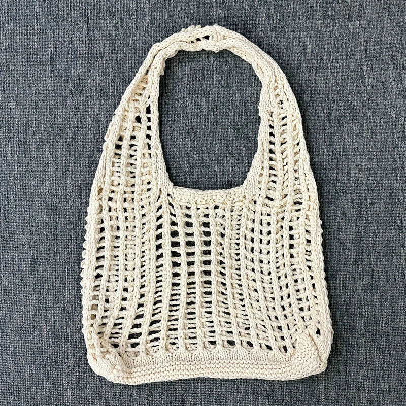 Solid Color Knitting Shoulder Bag Hollow Out Bohemian Crochet Tote For Women