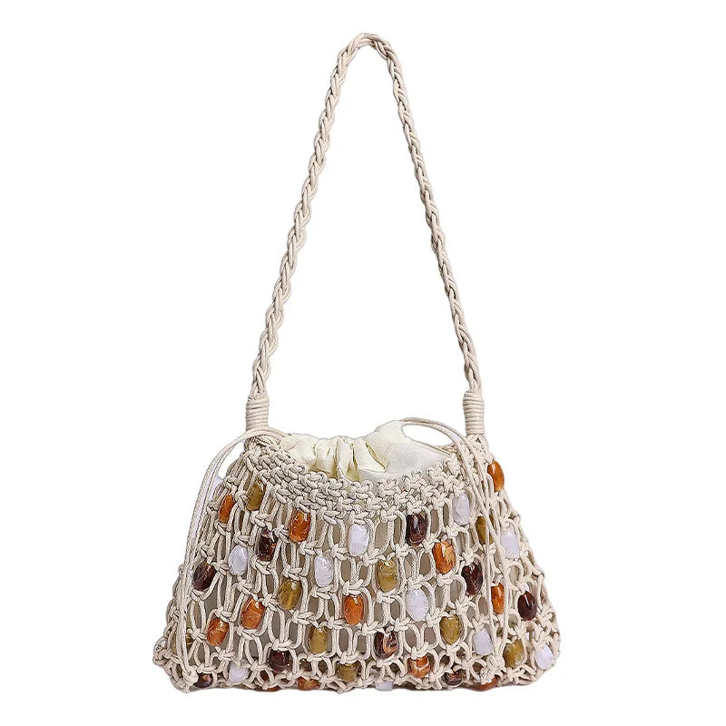Sac à bandoulière femme en perles creuses, tricoté en corde, sac fourre-tout en crochet bohème.
