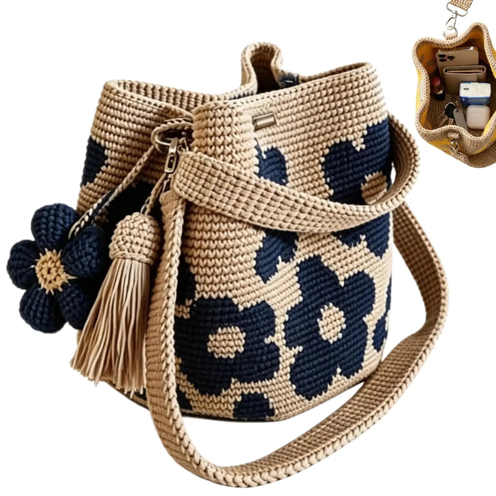 Sac fourre-tout fleuri oversize au crochet fait main avec décoration florale détachable