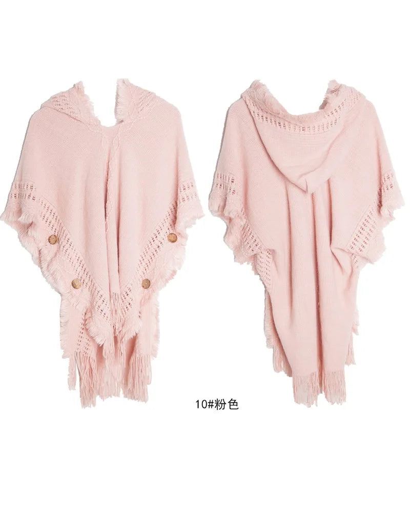 Hooded Crochet Cloak Poncho Shawl Boho Chic Knit Wrap For Women