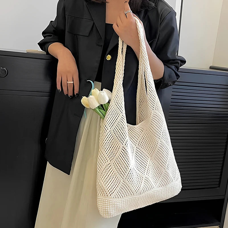 New Fashion Large Capacity Knitted Tote Bag for Women Handheld Shoulder Shopping