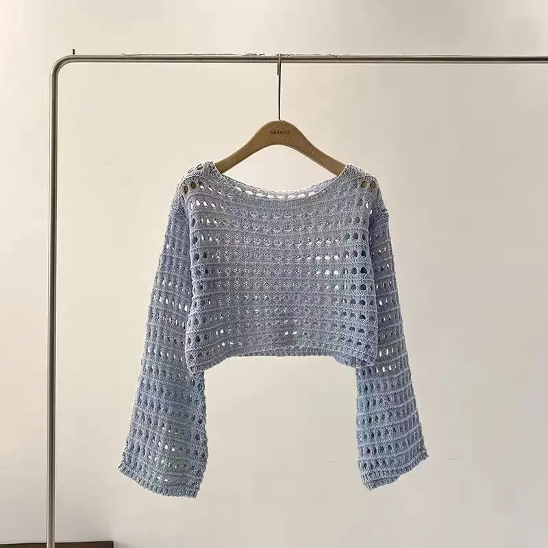 Boho Crochet Knit Long Sleeve Beach Cover Up For Women Vacation Top