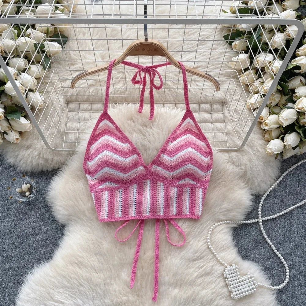 Bohemian Crochet Backless Hollow Out Tank Top For Women Beachwear Striped Knit