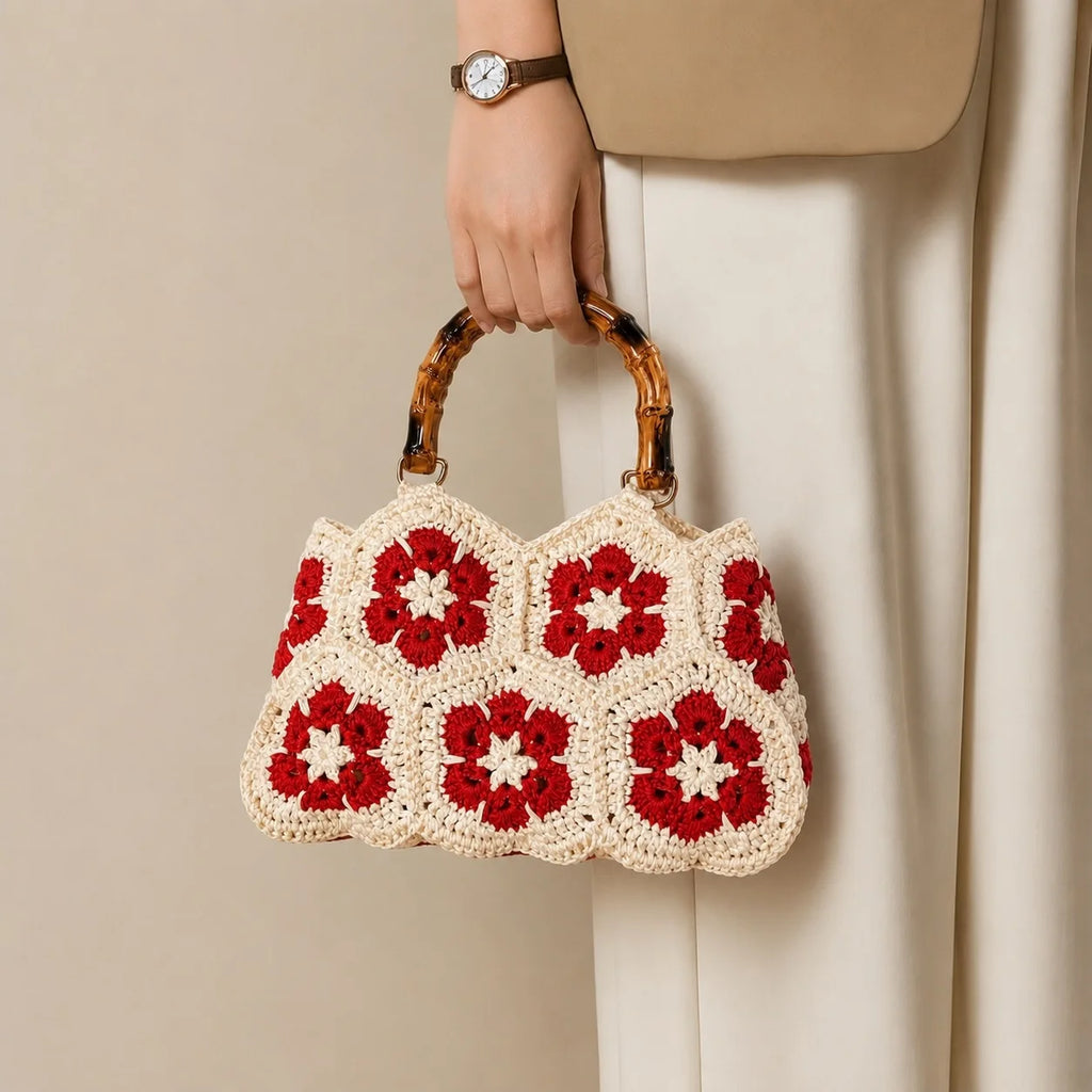 Handwoven Floral Crochet Bag Retro Granny Square Tote For Women Daily Travel