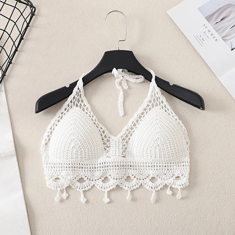 Débardeur court d'été en crochet ajouré pour femme, dos nu, style bandeau dos nu, pour la plage