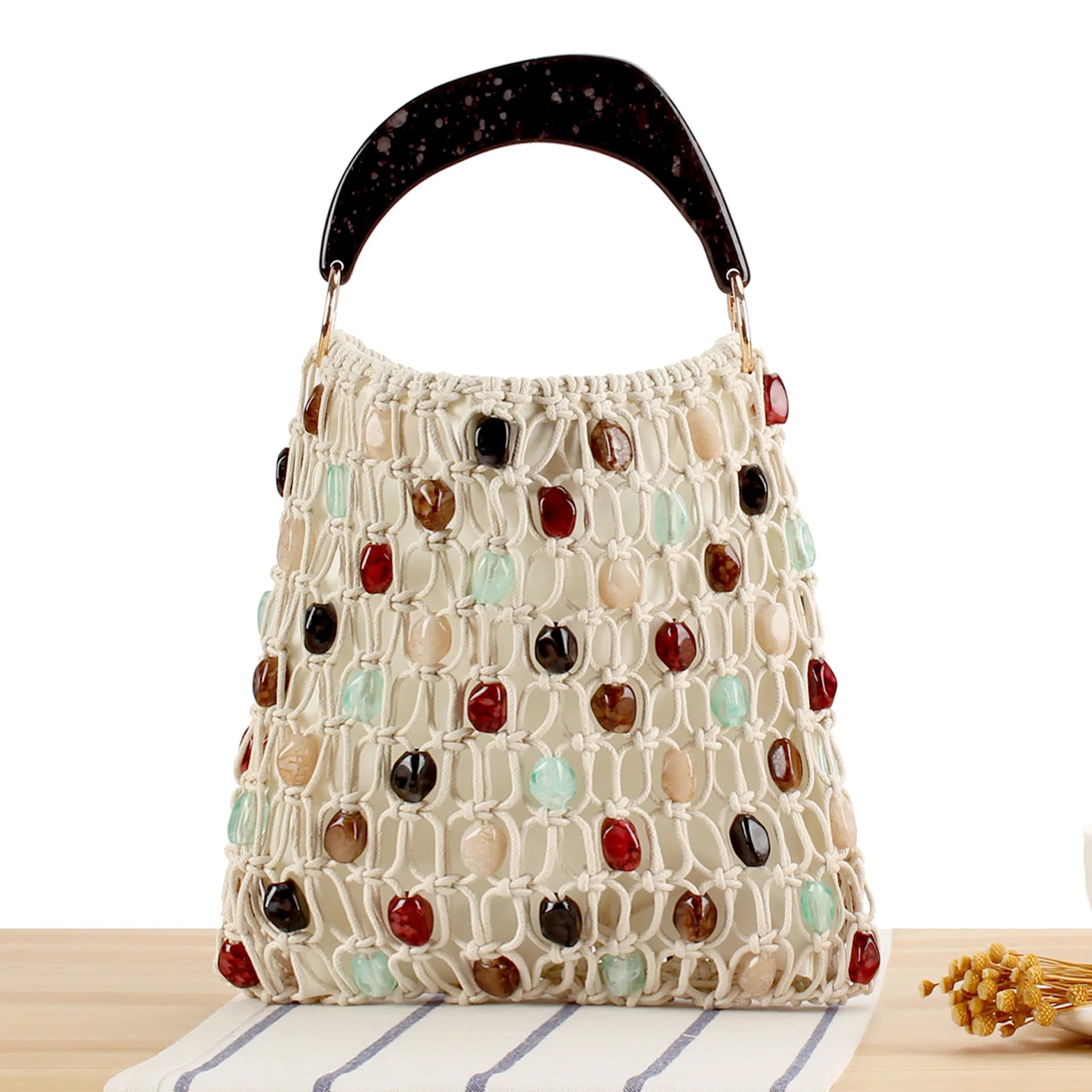 Bohemian Rope Crochet Women Bag Beading Beach Bag Handmade Woven Shoulder Bag
