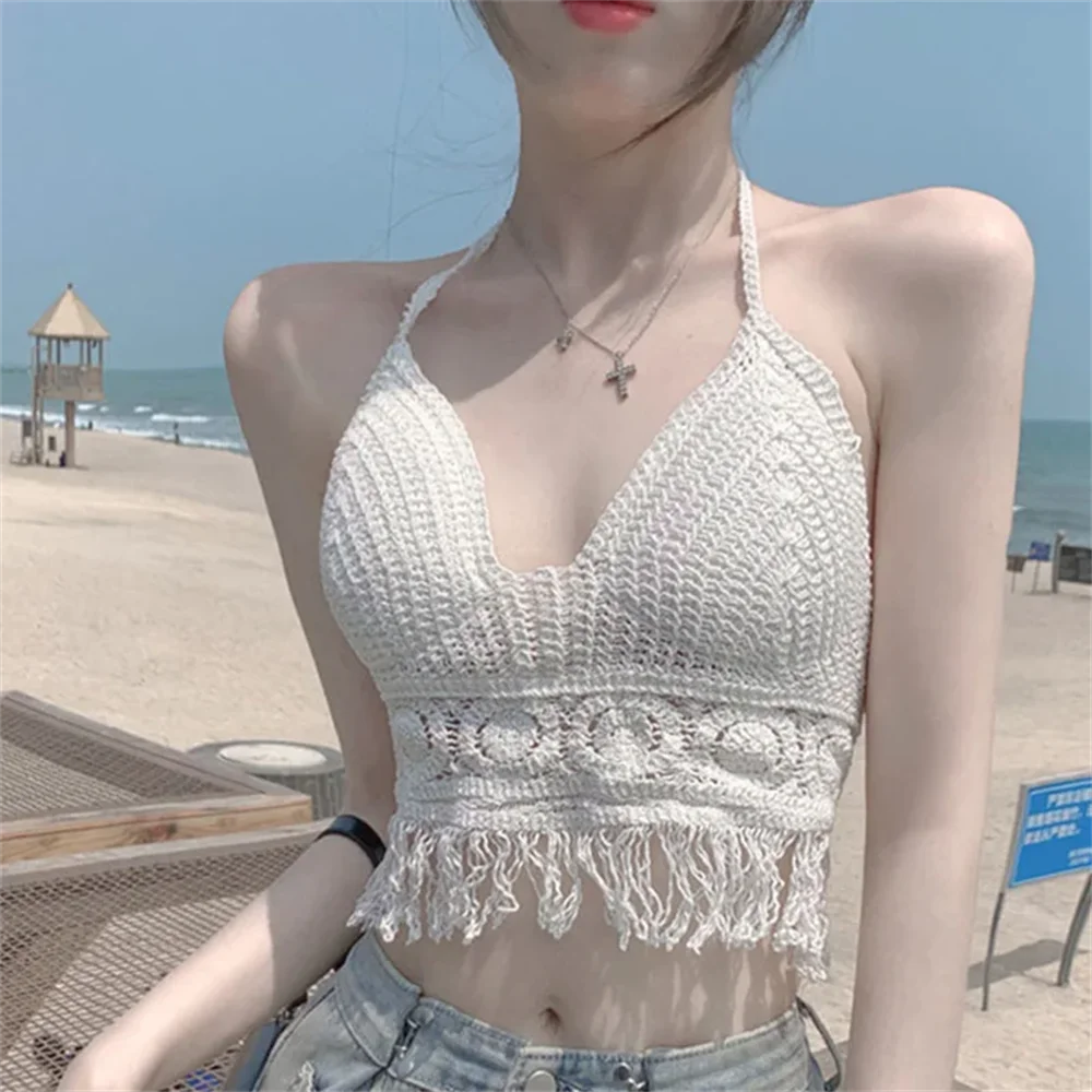 Boho Beach Backless Crochet Knit Camisole Halter Tank Top For Women Crop Tops