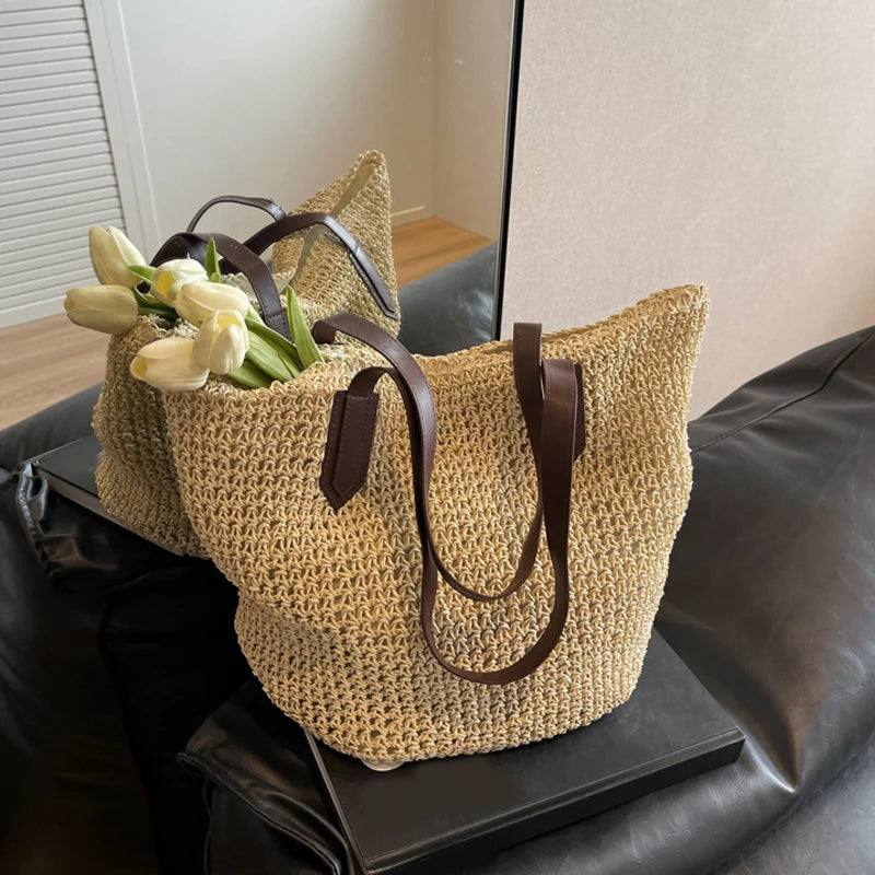 Women Bohemian Straw Shoulder Bag Large Crochet Tote For Beach Summer Woven