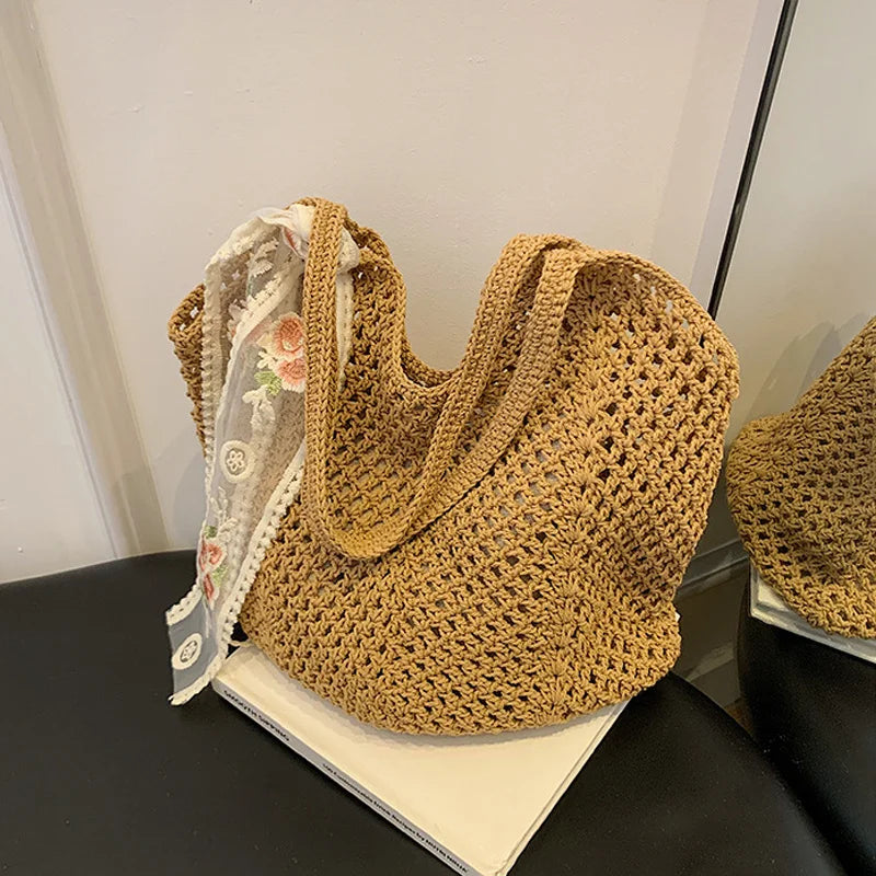 Summer Lace Bow Tote Bag For Women Raffia Rattan Crochet Shoulder Bag 2025