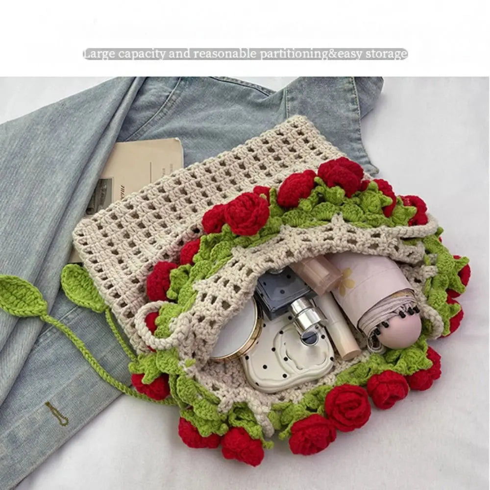 Sac de plage seau en corde crochetée Rose Bohème avec bandoulière fleurie en tricot