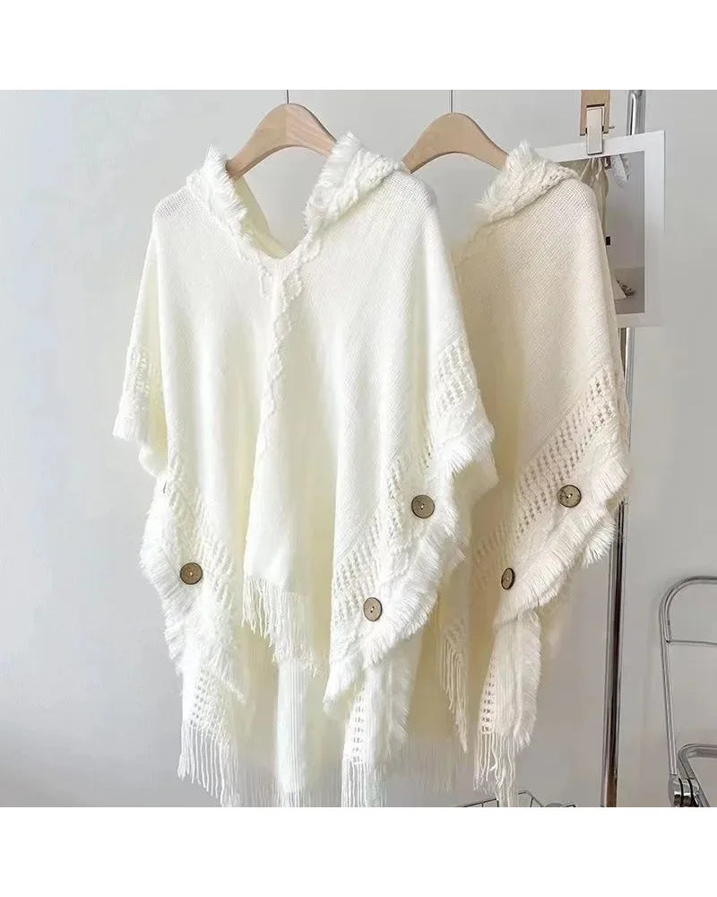 Hooded Crochet Cloak Poncho Shawl Boho Chic Knit Wrap For Women