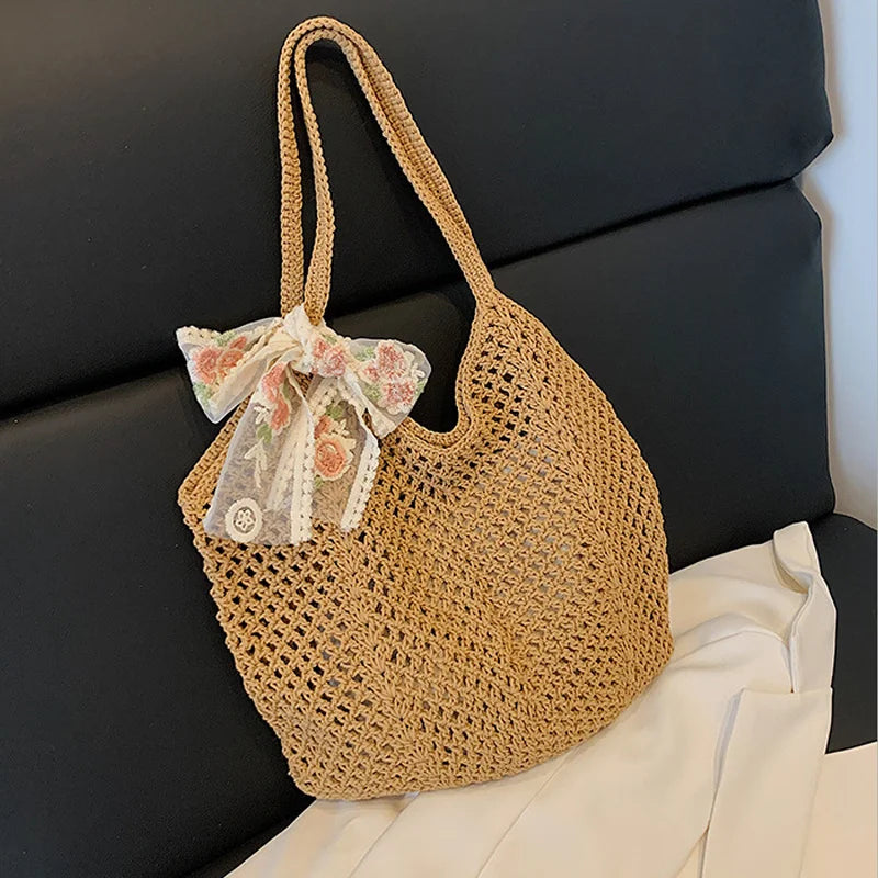 Summer Lace Bow Tote Bag For Women Raffia Rattan Crochet Shoulder Bag 2025