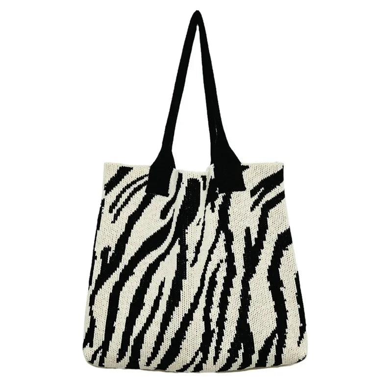 Zebra Pattern Knitted Crochet Bag Large Capacity Women Shoulder Tote
