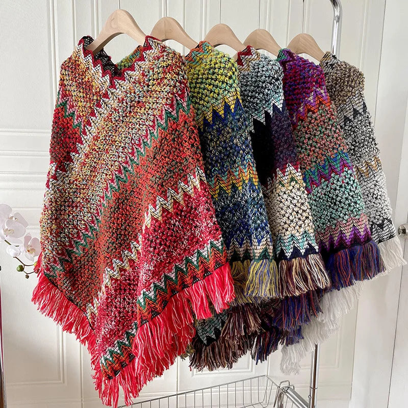Striped Tassel Knit Shawl For Women Poncho Style Polyester 65x70cm