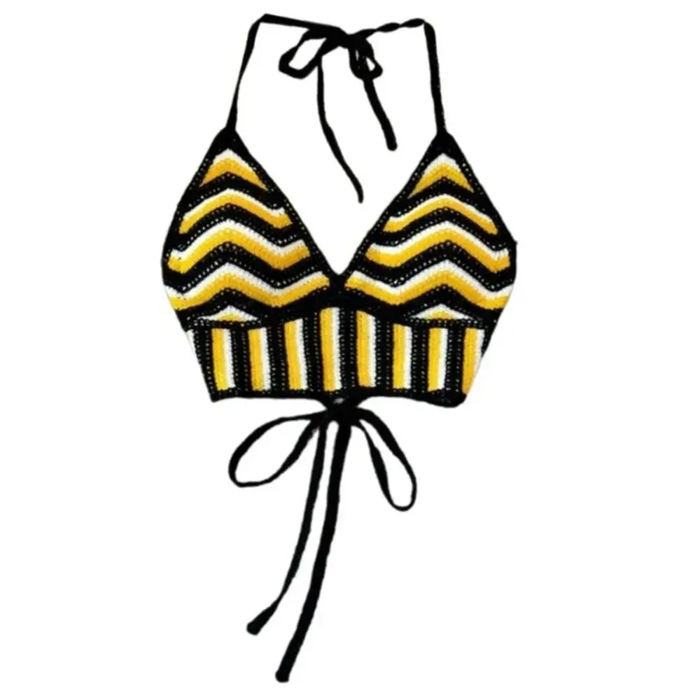 Haut débardeur Bohème au Crochet Dos Nu Creux pour Femme Vêtements de Plage Tricot Rayé