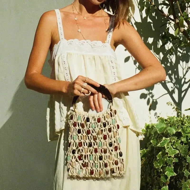 Sac Bohème en Corde au Crochet pour Femme, Sac de Plage Perlé, Sac à Bandoulière Tressé à la Main