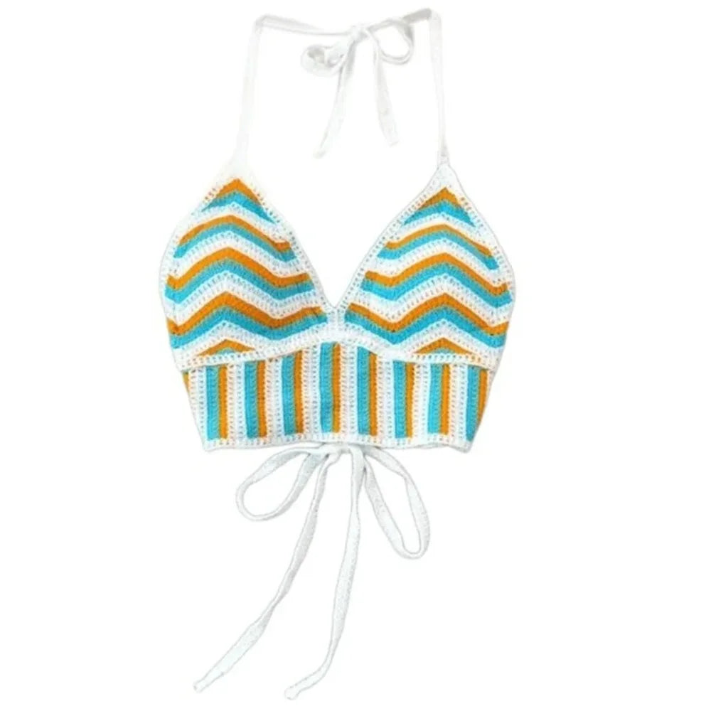 Bohemian Crochet Backless Hollow Out Tank Top For Women Beachwear Striped Knit