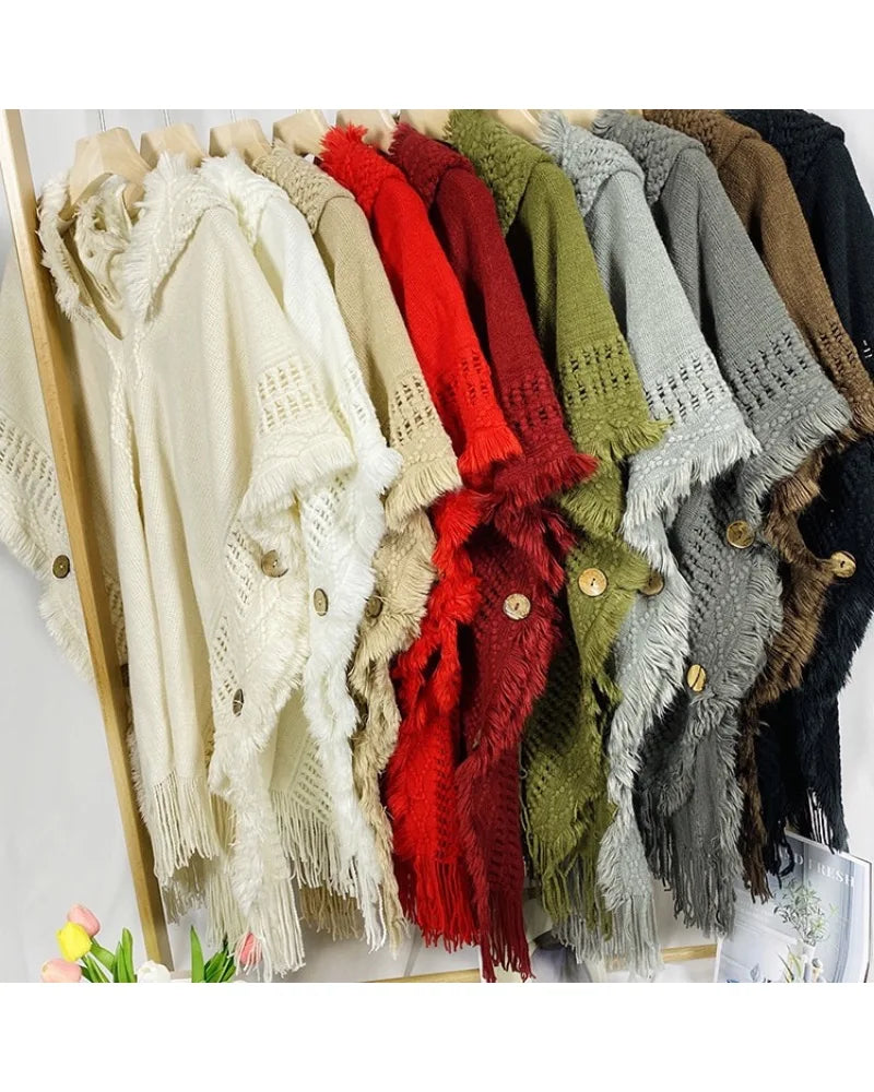Hooded Crochet Cloak Poncho Shawl Boho Chic Knit Wrap For Women