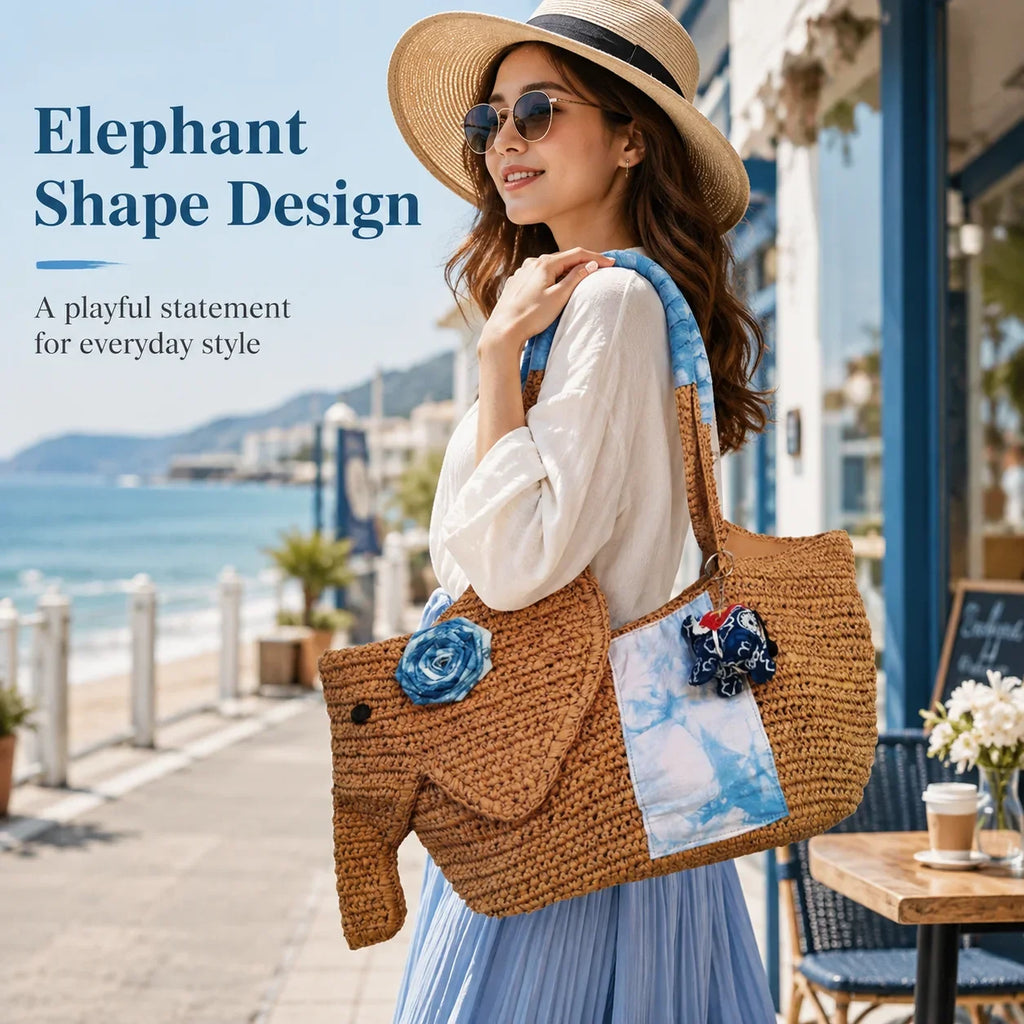 Elephant Straw Woven Tote Bag Handmade Beach Bag Large Capacity