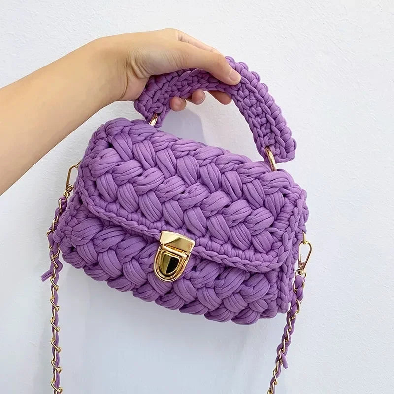 Sac à main tricoté DIY en corde tissée, sac bandoulière de créateur pour femmes avec chaîne