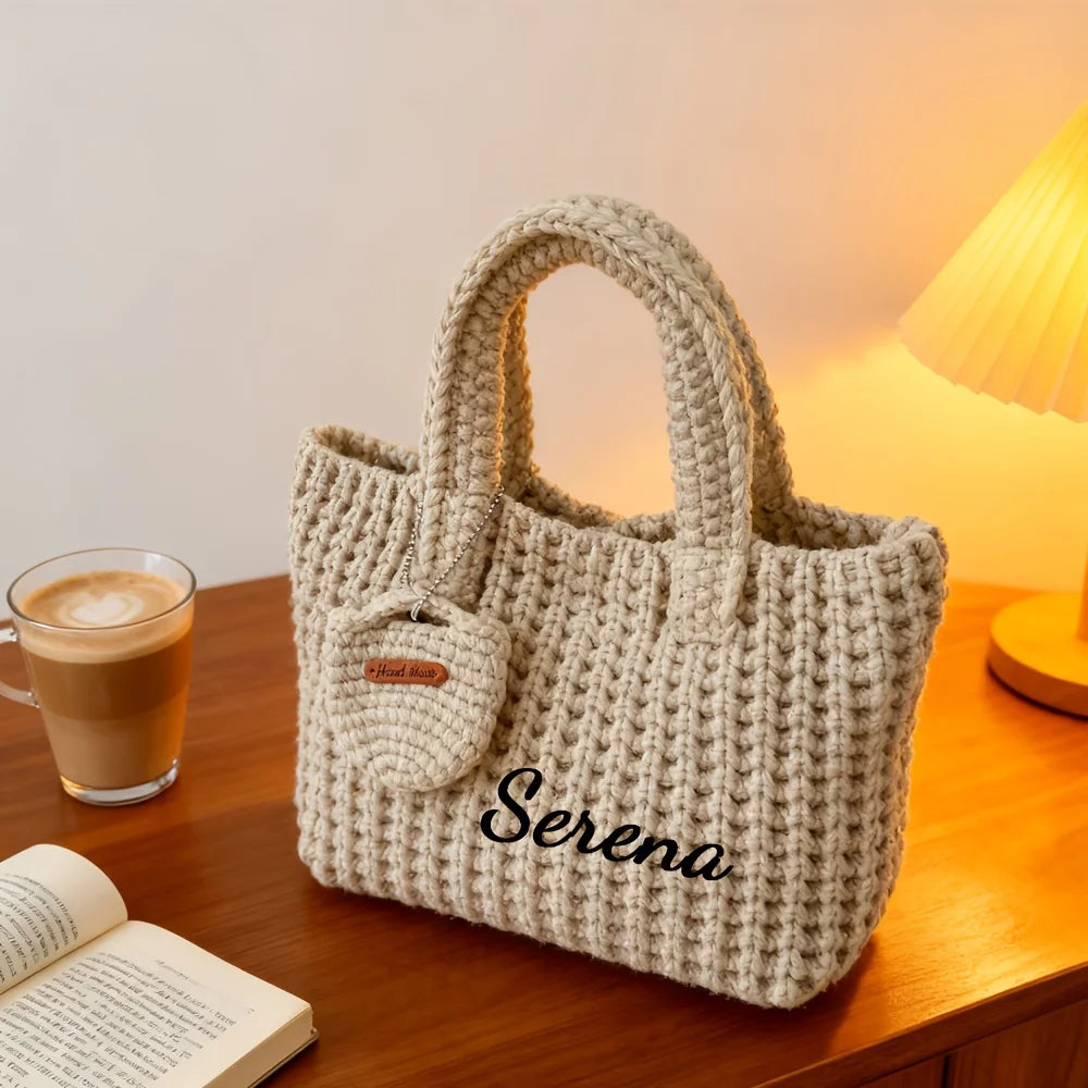 Custom Name Knit Tote Bag Women Handmade Crochet Shoulder Boho Woven Purse