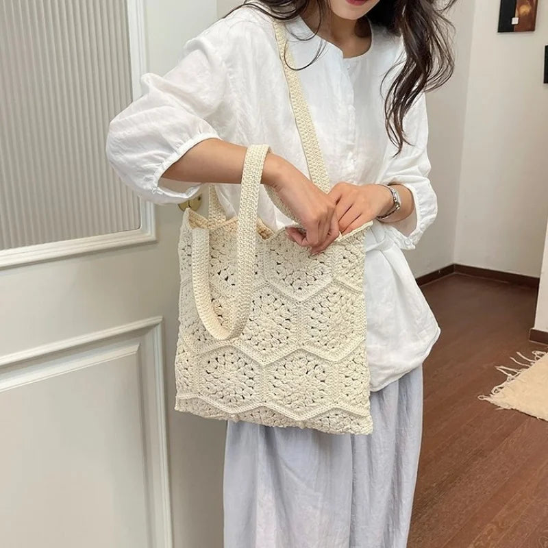 Handmade Cotton Thread Woven Granny Square Shoulder Bag Large Capacity For Women