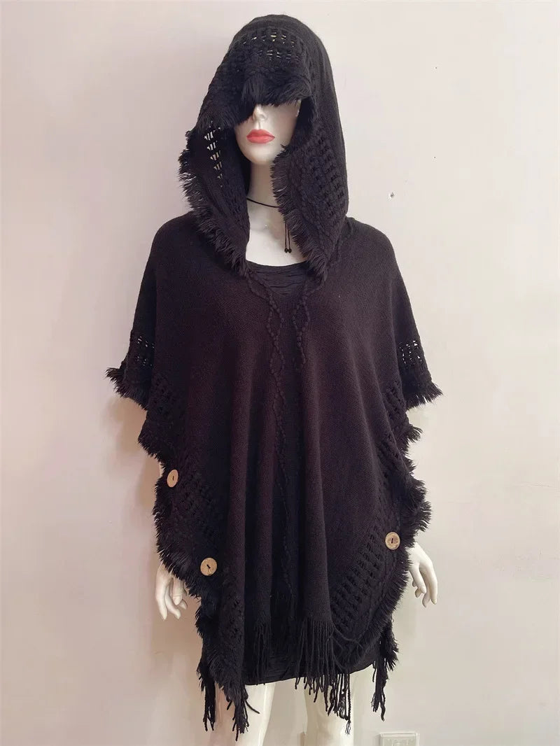 Hooded Crochet Cloak Poncho Shawl Boho Chic Knit Wrap For Women
