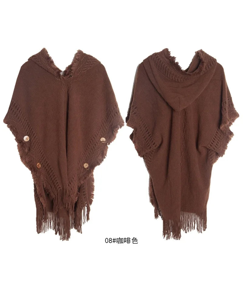 Hooded Crochet Cloak Poncho Shawl Boho Chic Knit Wrap For Women
