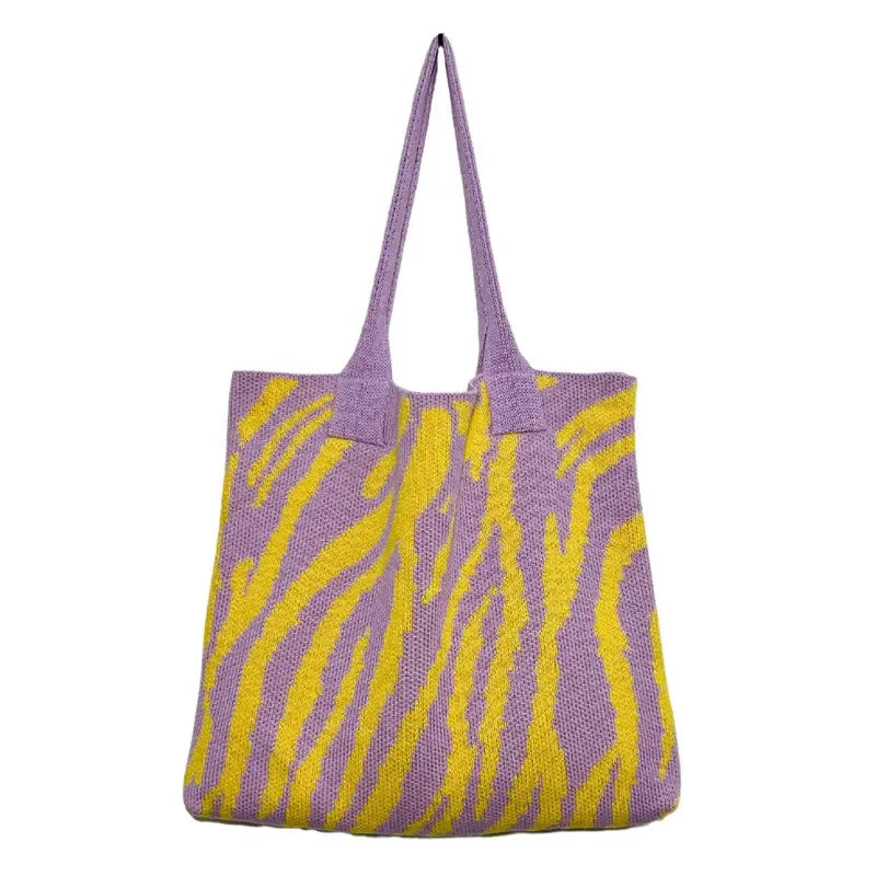 Sac à bandoulière pour femme grande capacité en tricot crochet motif zèbre