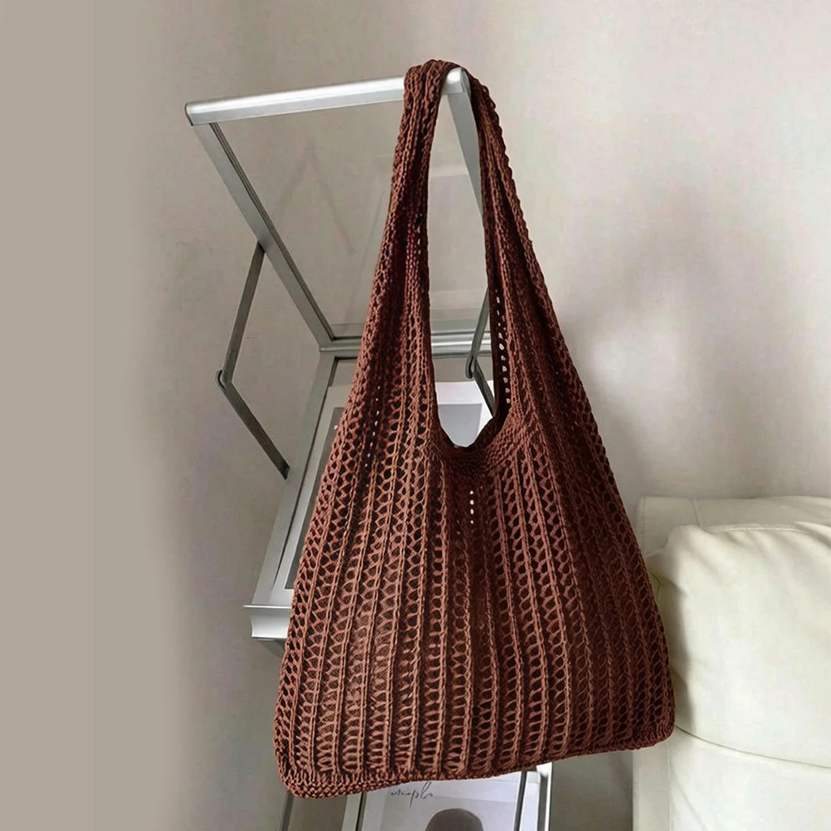 Sac à bandoulière fourre-tout en crochet de couleur unie Yogodlns, sac à main bohème tissé