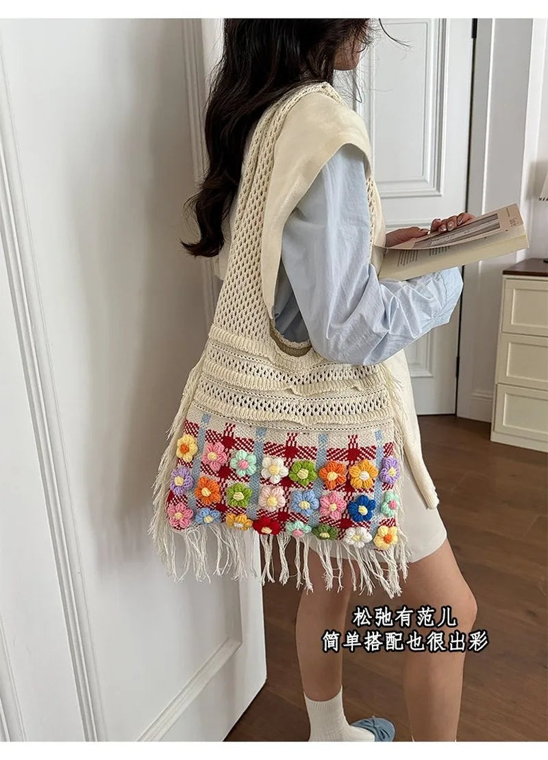 Grand sac à bandoulière en crochet pour femme, idéal pour un usage quotidien décontracté, l'école ou les trajets.