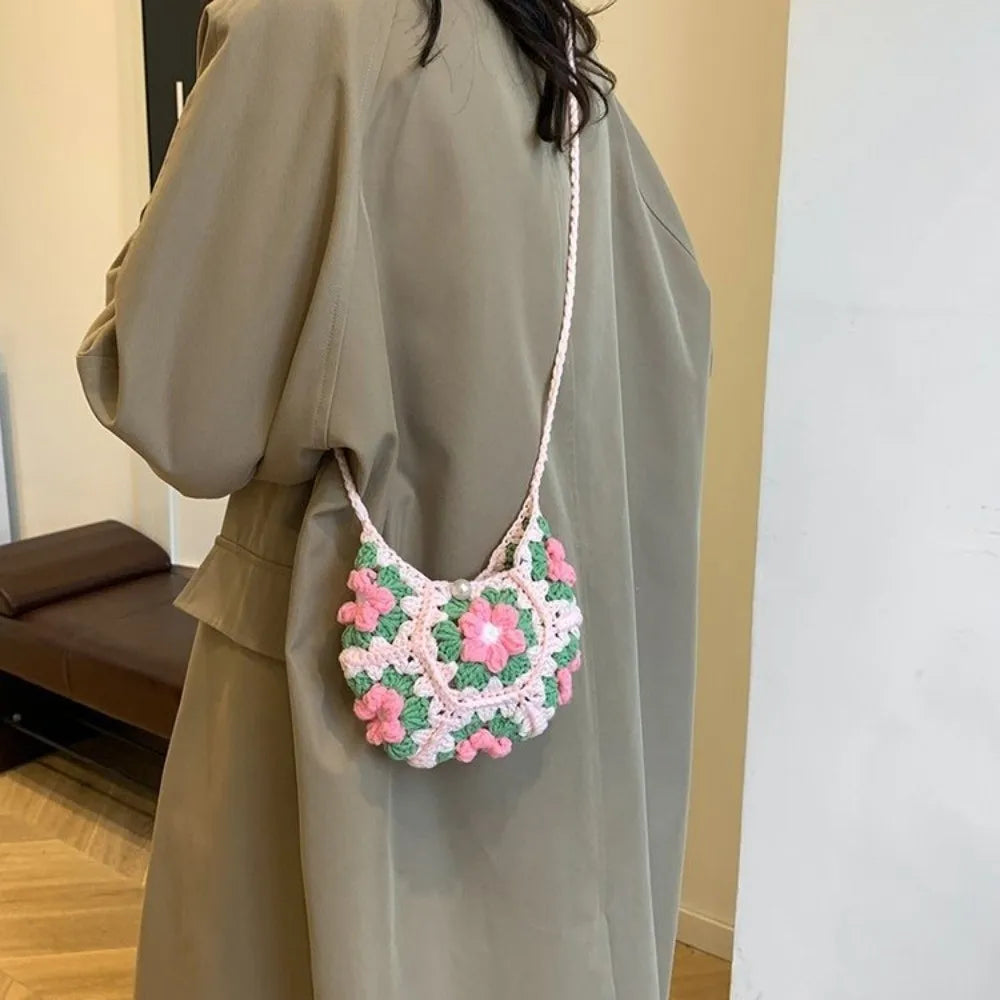 Sweet Handmade Crochet Crossbody Bag Flower Pattern Corduroy Shoulder Bag
