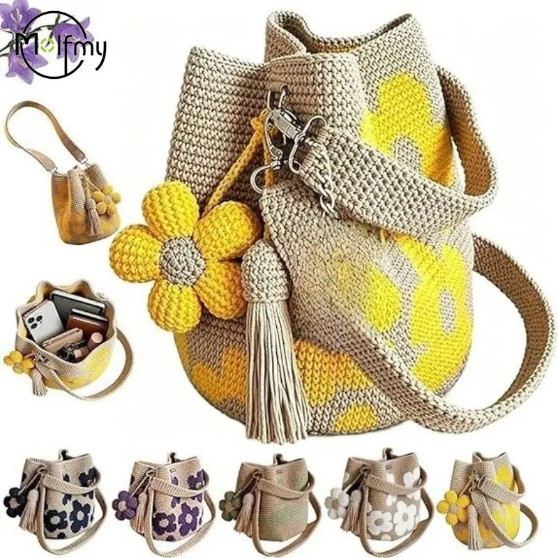 Sac cabas en crochet fait main avec fleurs, sac bandoulière, sac de plage bohème pour femme