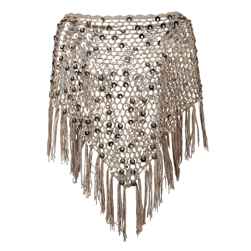 Womens Tassel Hem Knitted Poncho With Sparkly Sequins Crochet Shrug Shawl