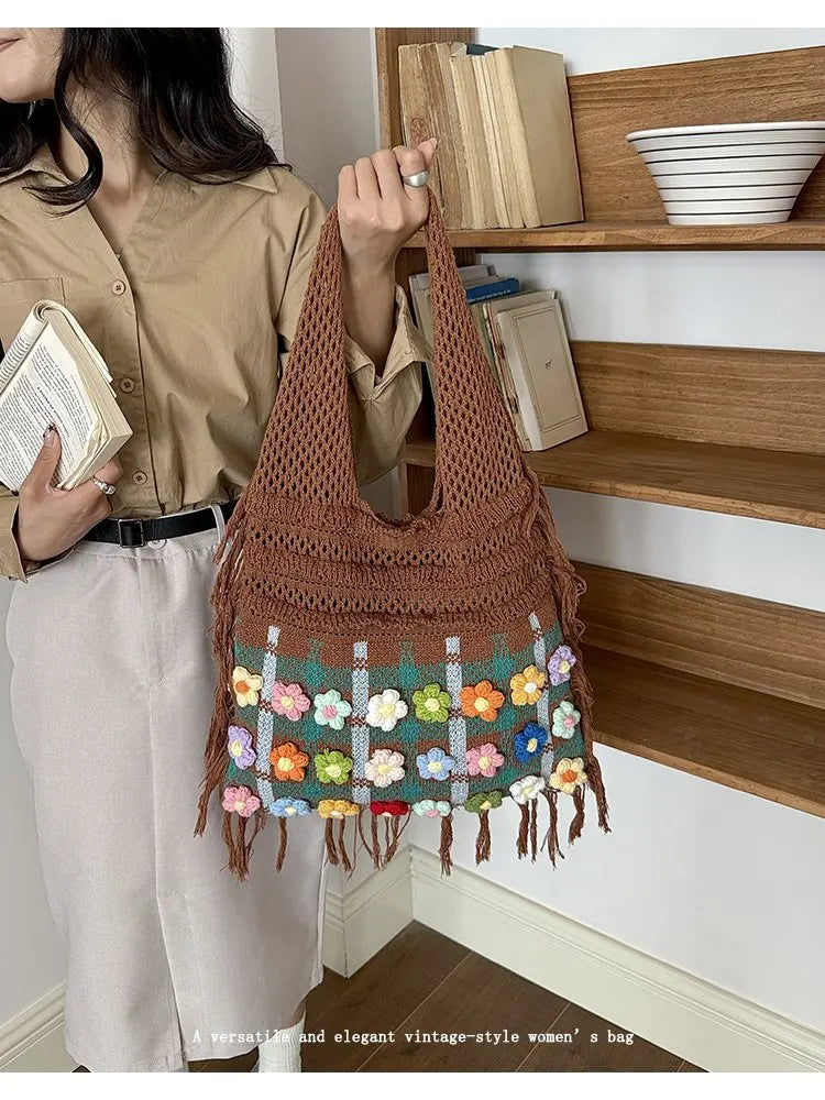 Women's Large Crochet Shoulder Tote Bag For Casual Daily Use School Commute